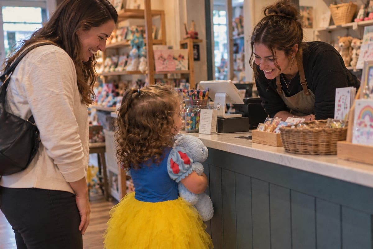 A shop owner leans over the counter to greet a little girl in a princess dress holding a stuffed bear, while her mom smiles beside her.